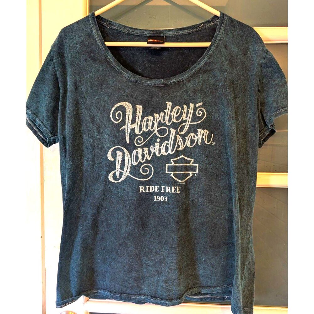 Harley-Davidson Women’s Rhinestone Acid Wash Tee Size XL Teal